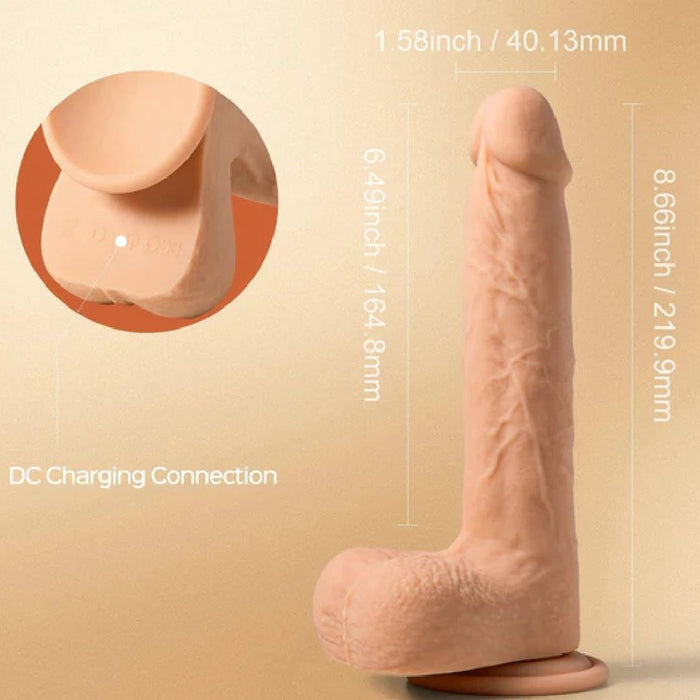 Product image of a Honey Play Box Luis Thrusting Warming Large 8.5" Realistic App Controlled Dildo crafted from body-safe silicone, with measurements annotated, including a close-up view of the dc charging connection.