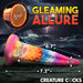 An image features a colorfully patterned Luminoctopus Glow-in-the-Dark Tentacle Dildo by XR Brands with multiple dimensions labeled: 3.15", 2.2", 6.7", 0.75", and 7.2". Text reads "GLEAMING ALLURE" and "CREATURE COCKS." The background shows a stormy sea with turbulent waves under a cloudy, lightning-filled sky.