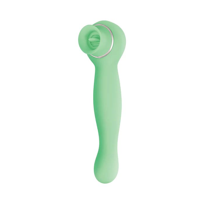 The Luscious Licker Double Ended Licking & G-Spot Vibrator by Nasstoys, in mint green, features a silky silicone build with an ergonomic curved design and a small circular opening at one end. This streamlined personal massager is designed for handheld use and offers enhanced pleasure with its advanced capabilities.