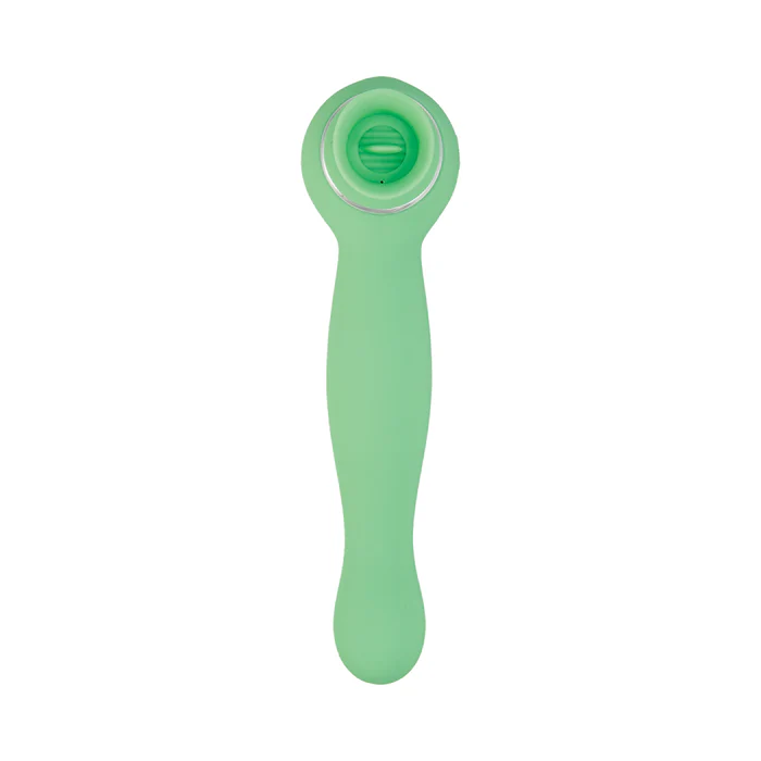 A close-up of the Nasstoys Luscious Licker Double Ended Licking & G-Spot Vibrator in mint green, showcasing its cylindrical handle and circular head with a screw-like attachment. This innovative device is USB rechargeable and designed for intimate pleasure.