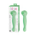 A product image showcasing the Luscious Licker Double Ended Licking & G-Spot Vibrator - Mint Green by Nasstoys, alongside its packaging. The packaging highlights features such as "licking functions," "vibrations," multiple modes, and a USB charger. This ergonomic vibrator for G-spot has a curved design for ultimate comfort.