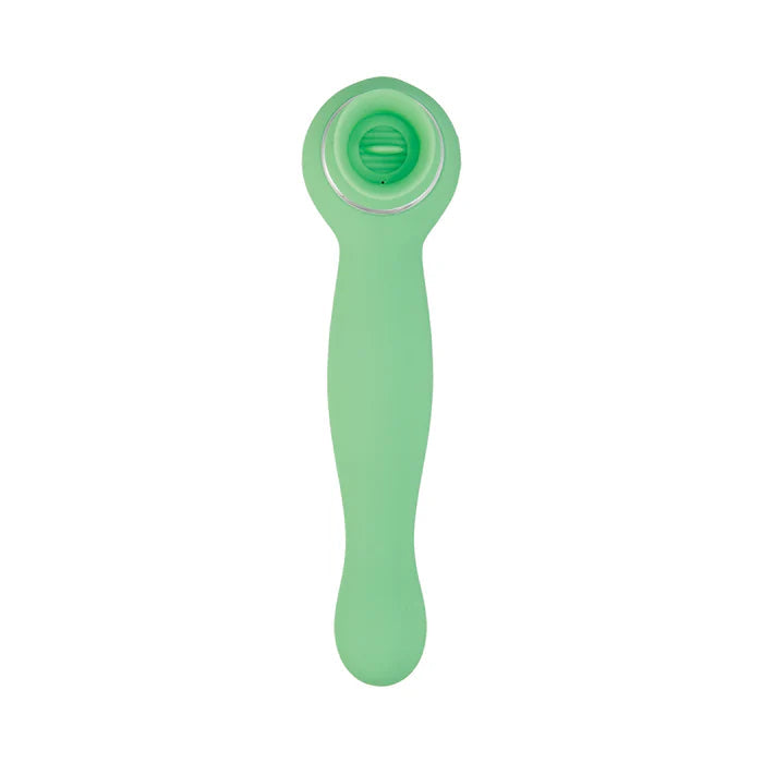 The Luscious Licker Double Ended Licking & G-Spot Vibrator by Nasstoys in mint green is a silky silicone tool featuring a circular opening at one end, designed for enhanced pleasure. The handle widens towards the base to ensure easy gripping during use.