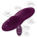 A dark purple, contoured personal massager with textured ridges is shown. The Lust Dual Rider Remote Control Humping Vibrator by CalExotics features independently operated dual motors and two small control buttons. A waterproof wireless remote control, marked with "CalExotics" branding, sits beside it. Various features are highlighted with text.