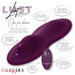 The image features a purple, anatomically contoured intimate product named "Lust Dual Rider Remote Control Humping Vibrator" by CalExotics. It is described as sturdy, stable, lightweight, and comfortable, with two powerful motors and a wireless remote control with 2 buttons. The textured humping pad makes it suitable for solo or partnered use.