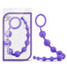 A product image displays the Luxe Beginner Ultra Slim Silicone Anal Beads in purple, crafted by Blush for anal play. The body-safe beads are organized in ascending size order and feature a loop handle at one end. The item is shown both inside and outside its plastic packaging, which includes detailed product information.