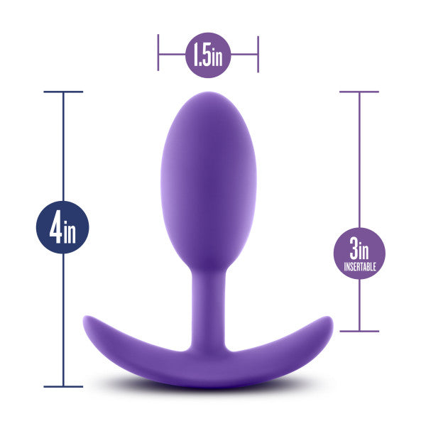 The Luxe Medium Wearable Silicone Vibra Slim Plug by Blush in purple features a 4-inch overall length and a 1.5-inch width, with an insertable length of 3 inches. It is designed with a rounded, tapered tip and a flared base for safety and comfort.