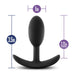 Image of the Luxe Small Wearable Silicone Vibra Slim Plug in black by Blush. Dimensions are labeled with an overall length of 3.5 inches, an insertable length of 2.75 inches, and a width across the base of 1 inch. Made from silky silicone, this plug features a smooth, tapered design and a flared base for comfort and safety.