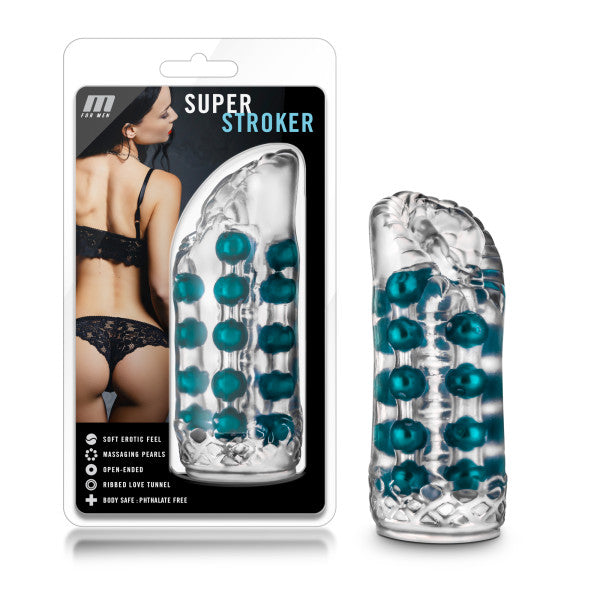 The image showcases a packaged sex toy called the "M For Men Ribbed See Through Super Stroker" from the Blush brand. It features teal-colored massaging beads inside a clear sleeve for a realistic feel and intense stimulation. The packaging displays a woman in black lace lingerie from behind and lists product benefits on the left side.