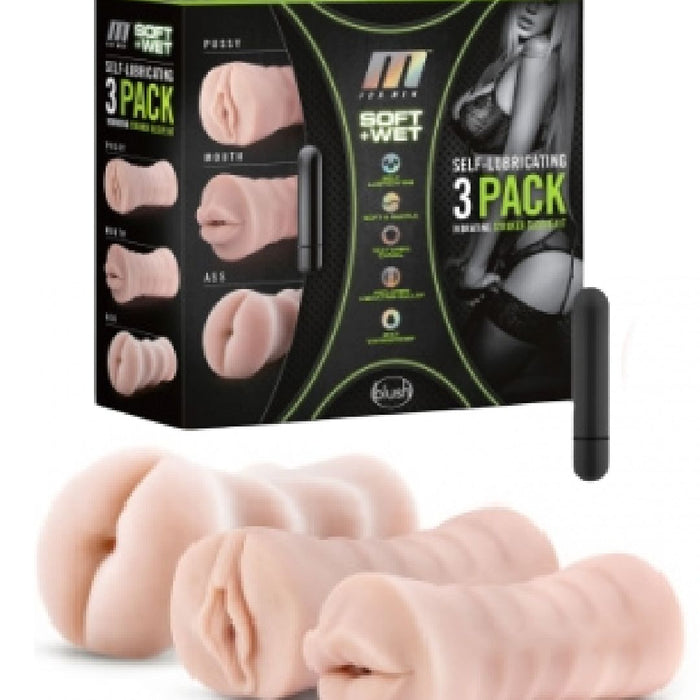 M for Men 3-Pack Self-Lubricating Vibrating Stroker Sleeves - Vanilla with the box