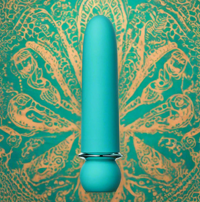 Against a plain white background, the Jaguar 10-Function Rechargeable Silicone Super-Charged Bullet appears as a turquoise cylindrical object with a tapered top and round base, resembling an electronic device with a powerful motor.