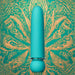 Against a plain white background, the Jaguar 10-Function Rechargeable Silicone Super-Charged Bullet appears as a turquoise cylindrical object with a tapered top and round base, resembling an electronic device with a powerful motor.