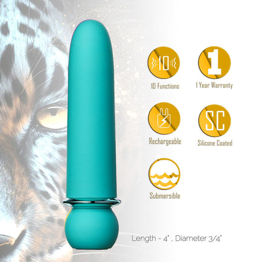 Introducing the Jaguar 10-Function Rechargeable Silicone Super-Charged Bullet: a teal marvel with a fierce leopard backdrop. This submersible vibrator has 10 functions, a powerful motor, and comes with a 1-year warranty. It's silicone-coated, measures 4 inches long, and is 3/4-inch in diameter.