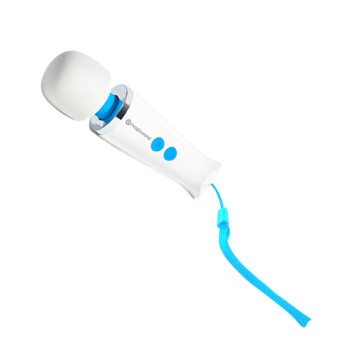 Depicted against a plain white background is the Magic Wand Micro Rechargeable Cordless Vibrator by Vibratex. This white device features a rounded head, blue buttons, and a matching blue wrist strap. It boasts an ergonomic design with contrasting color elements for ease of use and convenience.