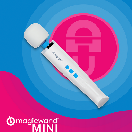 A white handheld massager with a round head and blue buttons, labeled "Magic Wand Micro Rechargeable Cordless Vibrator," is placed on a pink and blue spiral background. The Vibratex brand logo is visible on the handle, highlighting its rechargeable battery. Text "magicwand Micro" is on the bottom left corner.