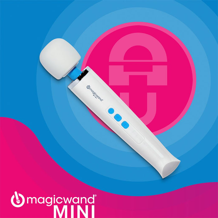 A white handheld massager with a round head and blue buttons, labeled "Magic Wand Micro Rechargeable Cordless Vibrator," is placed on a pink and blue spiral background. The Vibratex brand logo is visible on the handle, highlighting its rechargeable battery. Text "magicwand Micro" is on the bottom left corner.