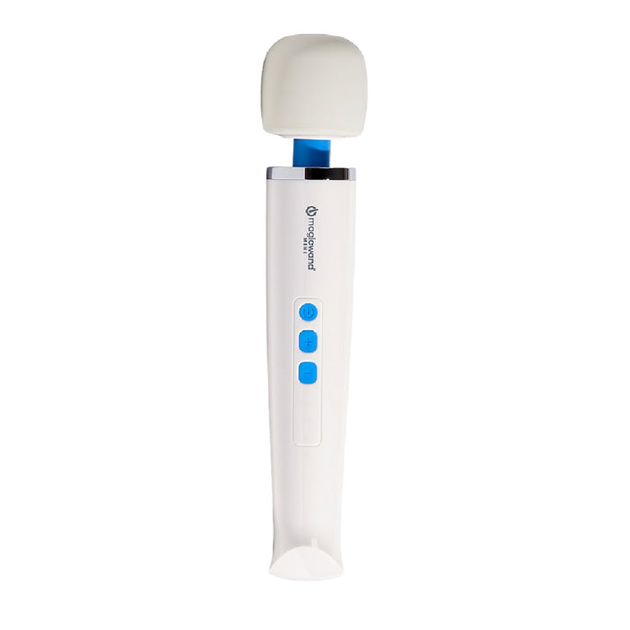 Introducing the Magic Wand Mini Cordless Rechargeable Vibrator by Vibratex. This handheld device features a rounded, padded head at the top and blue control buttons on the handle, with the brand logo clearly visible near the head. Despite its mini size, it packs powerful performance and comes in a rechargeable form for added convenience.