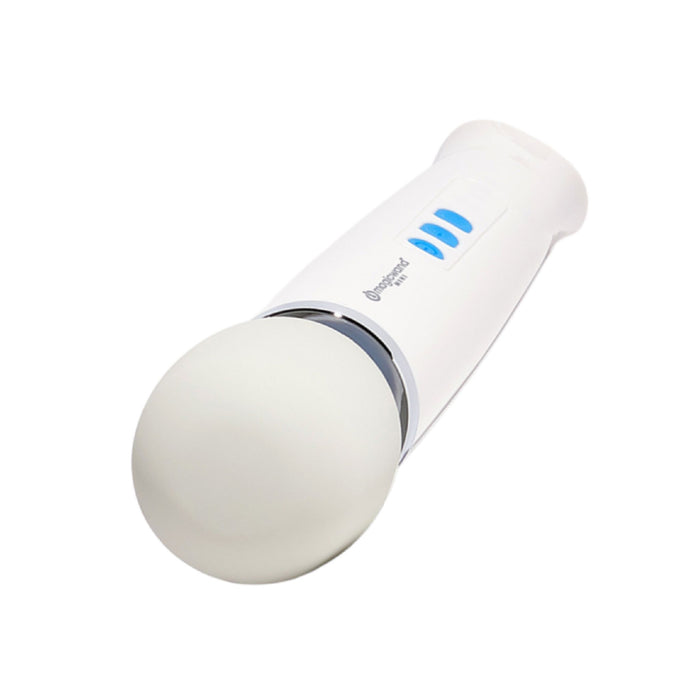 Image of a white Magic Wand Mini Cordless Rechargeable Vibrator by Vibratex, featuring a round, smooth tip and two blue buttons on its body. This handheld device, reminiscent of the classic Magic Wand, delivers rumbly vibrations designed for personal massage therapy and relaxation.