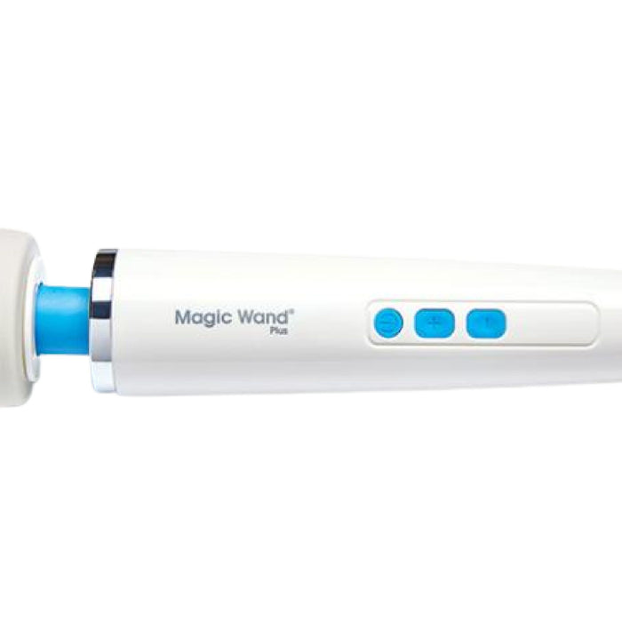 The Vibratex Magic Wand Plus 4 Speed Ultra Powerful Wand Vibrator is a white handheld massager featuring a blue button interface. Its cushioned, detachable head and three blue buttons on the handle provide variable speeds, offering deep vibrations for a customized experience.