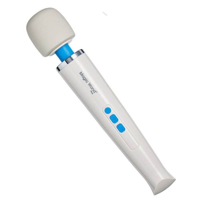 The "Magic Wand Plus 4 Speed Ultra Powerful Wand Vibrator" from Vibratex is a cordless handheld massager in white, featuring a rounded head and a blue neck. Its handle displays three blue buttons and a sliding switch for adjustable speed settings to deliver deep vibrations. The device, labeled "Magic Wand Plus" near the top, is angled slightly to the right.