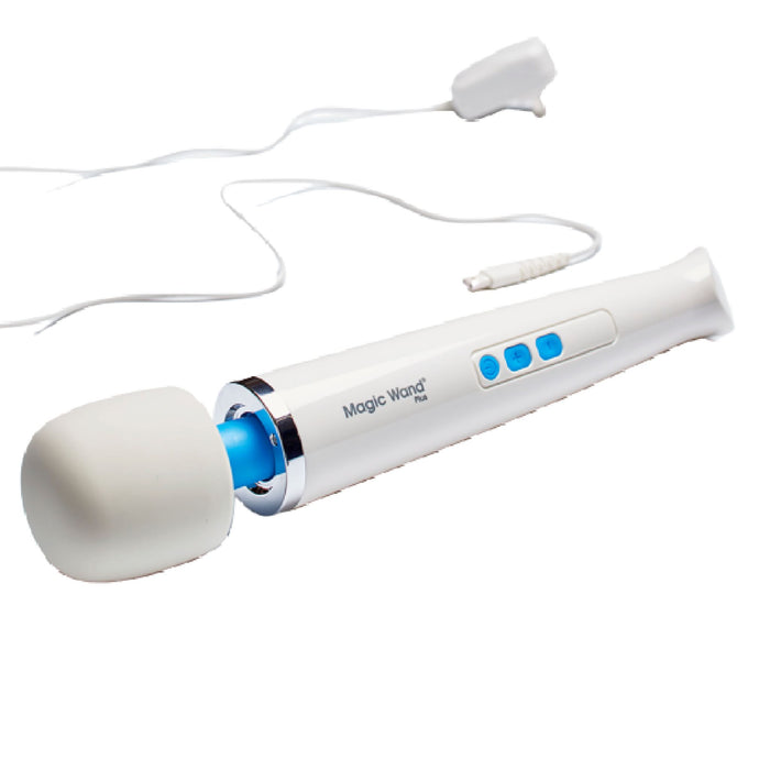 Image of a white Magic Wand Plus 4 Speed Ultra Powerful Wand Vibrator by Vibratex, featuring blue buttons and a padded, rounded head. Known for its deep vibrations and variable speeds, the massager includes an attached power cord with a plug. The name "Magic Wand Plus" is printed on the handle. The image is set against a white background.