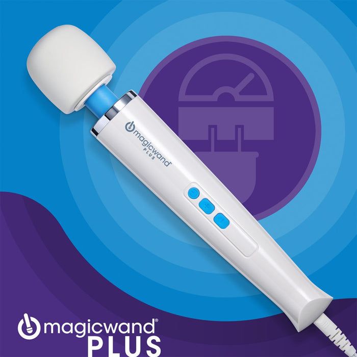 Image of a white Magic Wand Plus 4 Speed Ultra Powerful Wand Vibrator by Vibratex, featuring blue accents and a silicone head. The device showcases a rounded head and buttons for variable speed control. The background includes concentric blue circles and the Magic Wand Plus logo in the bottom left corner.