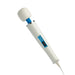 A white, cordless Magic Wand The Original Ultra Powerful Wand Vibrator by Vibratex with a round cushioned head, a blue neck, and control buttons on the handle. The device features a sleek, ergonomic design that delivers deep vibrations and is shown against a plain white background.