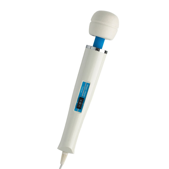 The Magic Wand The Original Ultra Powerful Wand Vibrator by Vibratex is a white handheld massager with a round foam head, a blue neck, and a white handle. It features a control panel with buttons on the handle for different settings. An attached power cord extends from the base, delivering deep vibrations to soothe your muscles.