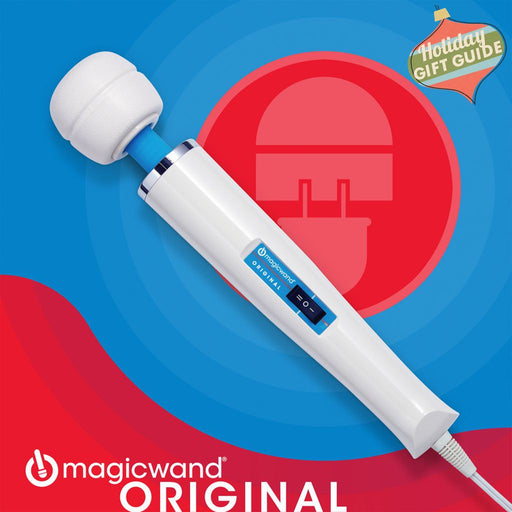 An image of the Vibratex Magic Wand The Original Ultra Powerful Wand Vibrator, a white personal massager with a blue neck and large cushioned head. The device, known for its deep vibrations, is angled against a blue and red background. "magicwand ORIGINAL" text is at the bottom left in white.