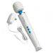 A white handheld massager with a rounded head, made of silicone material. This Magic Wand Unplugged Rechargeable Cordless Wand Vibrator by Vibratex features a long handle with blue control buttons and "Magic Wand" printed on it. The device includes an integrated rechargeable battery for cordless operation.