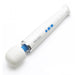 The Magic Wand Unplugged Rechargeable Cordless Wand Vibrator by Vibratex is a white cordless and rechargeable vibrator with a sleek design, featuring a smooth silicone rounded head, a blue neck, and three blue control buttons on its handle. The device has "Magic Wand" inscribed near the buttons.