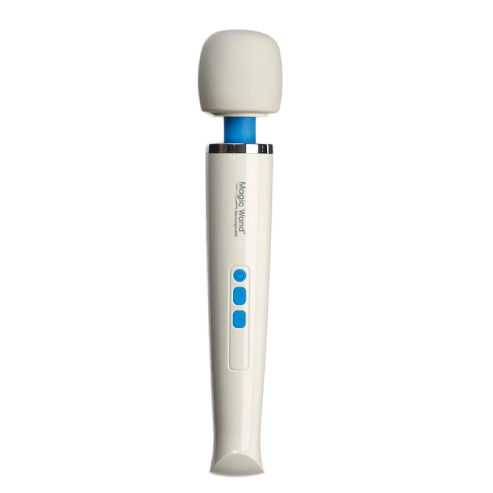 A white handheld massager with a rounded head and blue control buttons is shown. The device, labeled "Magic Wand Unplugged Rechargeable Cordless Wand Vibrator" on its handle, boasts a sleek design. Made by Vibratex from silicone material, it appears to be an electric and cordless rechargeable vibrator.