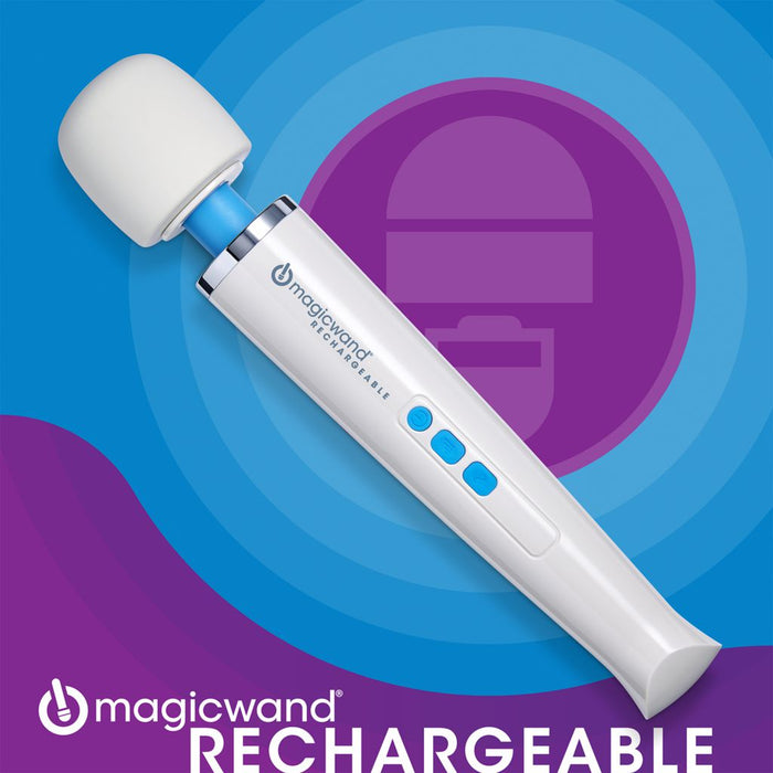 Image of the Magic Wand Unplugged Rechargeable Cordless Wand Vibrator from Vibratex. The device features a white handle with blue buttons, a large rounded head, and the brand logo printed on the handle. The background is a stylized purple and blue design, highlighting the product's branding. Text reads "Magic Wand Unplugged cordless vibrator.