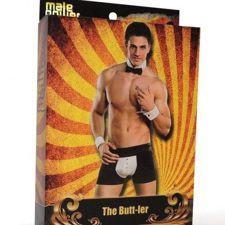 A Male Power product package featuring a male model dressed as a Butt-Ler, sporting tuxedo-style shorts paired with a cummerbund elastic waistband. The model is holding his