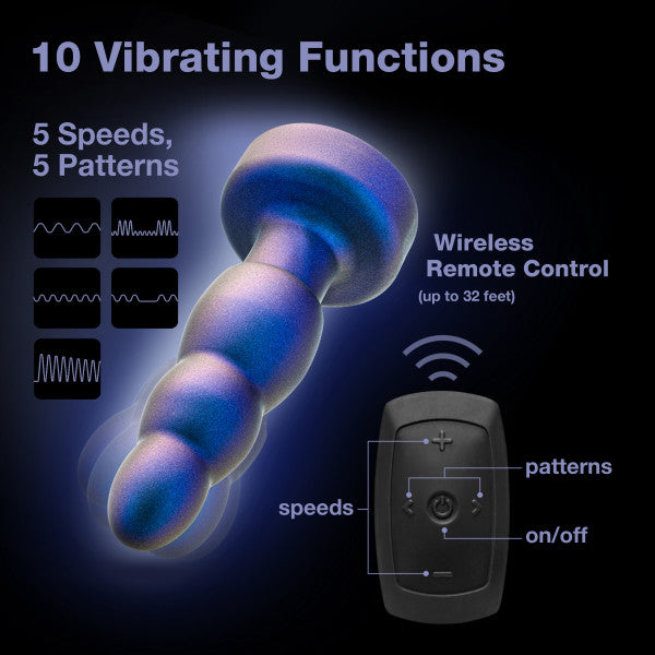 An image of the Matrix Vibrating Gyrating Rimming Butt Plug with Remote - Blue by Blush showcases its blue, ribbed design, along with the text "10 Vibrating Functions" and "5 Speeds, 5 Patterns." A diagram displays various wave patterns and speeds. Next to the waterproof anal toy is a wireless remote control featuring buttons for power, speeds, and patterns.