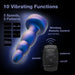 An image of the Matrix Vibrating Gyrating Rimming Butt Plug with Remote - Blue by Blush showcases its blue, ribbed design, along with the text "10 Vibrating Functions" and "5 Speeds, 5 Patterns." A diagram displays various wave patterns and speeds. Next to the waterproof anal toy is a wireless remote control featuring buttons for power, speeds, and patterns.