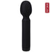 The Mini Silicone Wand Vibrator In a Bag by Doc Johnson is a black, handheld massager with a smooth, rounded head and cylindrical body. It features a sleek design made from black velvet touch silicone and includes a single button near the base for operation. This massager is USB rechargeable for convenience.