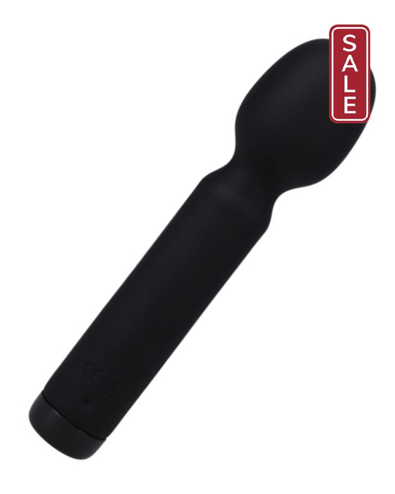 Introducing the Mini Silicone Wand Vibrator In a Bag by Doc Johnson: a sleek, handheld massager with a rounded, bulbous head and smooth body perfect for personal use. Made from matte black velvet touch silicone, this luxurious USB rechargeable device is also waterproof.