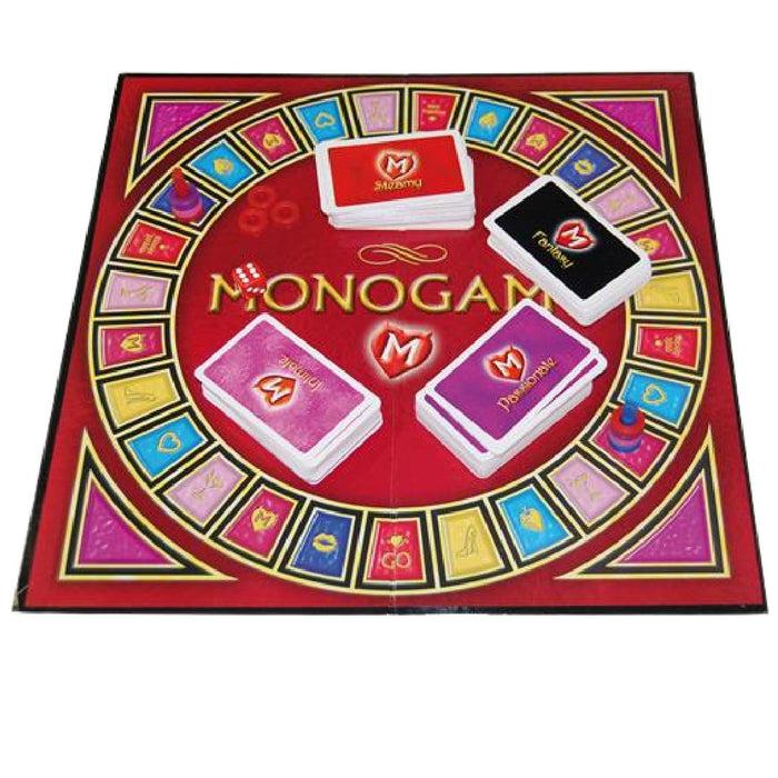 Image of the game board for "Monogamy A Hot Affair With Your Partner: Couples Game" by Creative Conceptions, an intimate game featuring a red and gold circular track with spaces of various colors. Three decks of cards—pink, white, and black—are placed at the center. Several player pieces are positioned on the board, perfect for couples seeking engaging adult games.