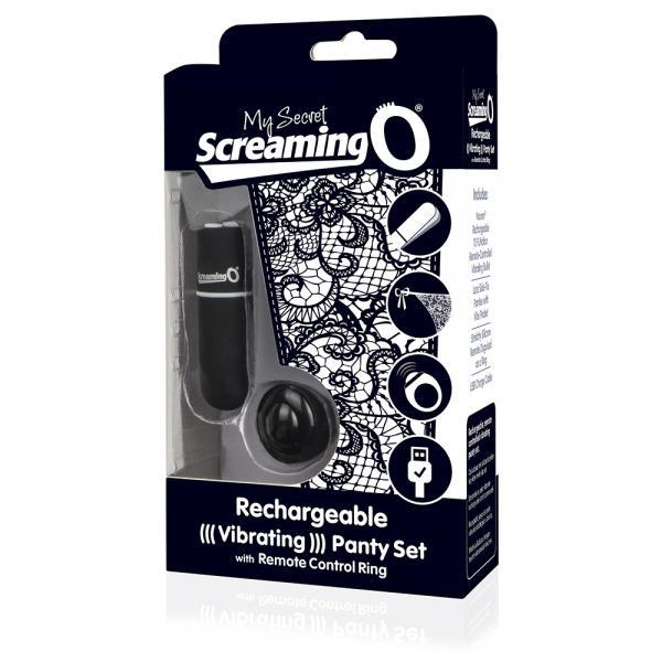 Packaging of "My Secret Remote Control One Size Vibrating Panties - Various Colors" by Screaming O. The box includes a black waterproof vibrating device and a corset-lace patterned panty, featuring product information and branding in black and white.