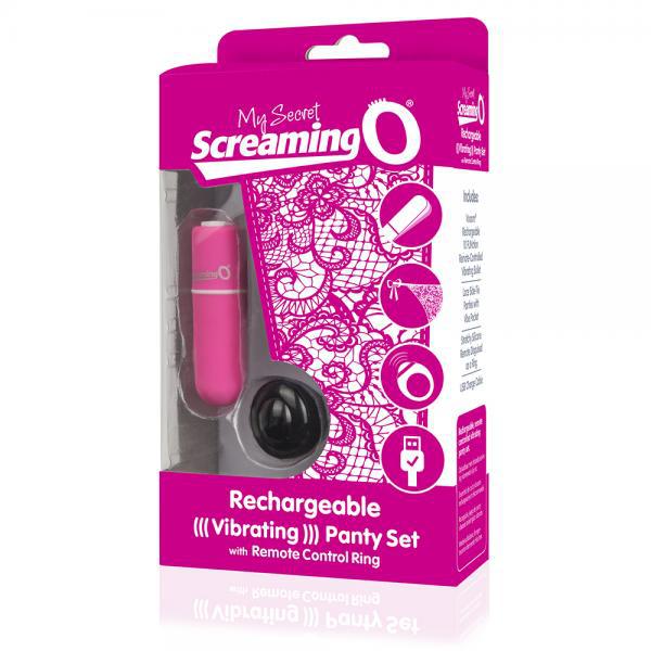 The image showcases the packaging of the "My Secret Remote Control One Size Vibrating Panties - Various Colors" from Screaming O. The box is predominantly pink with lace artwork and product images, including the waterproof vibrator and remote control ring.