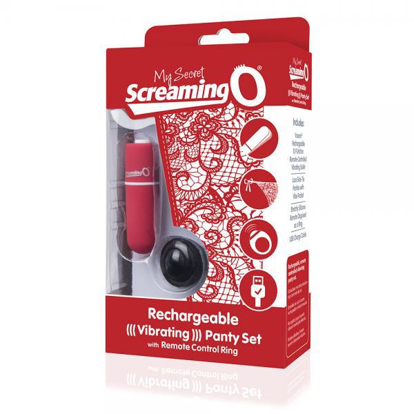 The image showcases the packaging for the Screaming O My Secret Remote Control One Size Vibrating Panties - Various Colors. The box is predominantly red and white, featuring an image of the product, including adjustable lacy panties, a small vibrating device, and a remote control ring.