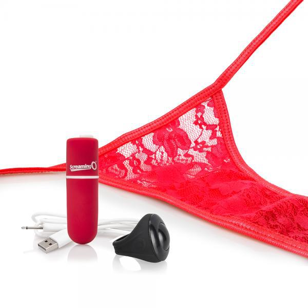 The "My Secret Remote Control One Size Vibrating Panties - Various Colors" from Screaming O are presented alongside a compact, red rechargeable device labeled "Screaming O," complete with a USB charging cable and a black wireless remote. These adjustable lacy panties can be transformed into the ultimate vibrating panty experience.