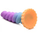 The Mystique Thick 8 Inch Silicone Unicorn Dildo by XR Brands is a brightly colored, spiral-shaped toy featuring a ruffled edge on one end that resembles a whimsical unicorn horn. It has alternating segments of purple and light blue with an orange base, and is displayed on a plain white background. Perfect for fantasy roleplay enthusiasts!