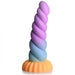 The Mystique Thick 8 Inch Silicone Unicorn Dildo by XR Brands features a spiraled design with vibrant hues of purple, blue, and orange. Its wide, flared base ensures stability during use. Crafted with a smooth, twisted texture, this toy is made from soft and flexible material that mimics the feel of premium silicone.