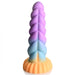 The Mystique Thick 8 Inch Silicone Unicorn Dildo by XR Brands features a multicolored, twisted spiral shape and a round, scalloped base. Its gradient coloring transitions smoothly from purple at the top to blue and orange towards the base, creating a whimsical unicorn horn dildo appearance.