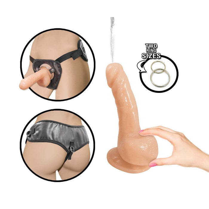 The image showcases the Nasstoys Natural Realskin 6 Inch Squirting Dildo with Harness - Vanilla, a two-piece strap-on kit featuring a lifelike, flexible TPR dildo and an adjustable harness, depicted from various angles. One inset highlights the harness worn on the lower body. The kit includes two interchangeable ring sizes. Additionally, a hand is shown holding the dildo.