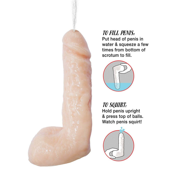 The Natural Realskin 6 Inch Squirting Dildo with Harness - Vanilla, brought to you by Nasstoys, is shown with step-by-step instructions. Crafted from flexible TPR material, it’s easy to fill—just submerge the head in water and squeeze the bottom. To squirt it upright and press the top of the scrotum.