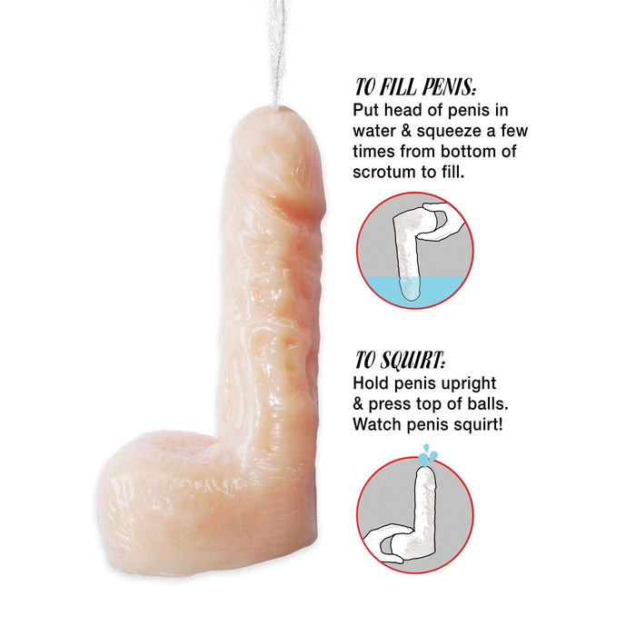 The Natural Realskin Squirting Dildo - 6 Inch - Vanilla by Nasstoys is shown with detailed instructions for use. "TO FILL DILDO: Put the head of the dildo in water and squeeze a few times from the bottom of the scrotum to fill." "TO SQUIRT: Hold the dildo upright and press the top of the balls. Watch it squirt!" Crafted from flexible TPR material for added realism, this novel toy is perfect for fulfilling cum play fantasies.