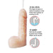 The Natural Realskin Squirting Dildo - 6 Inch - Vanilla by Nasstoys is shown with detailed instructions for use. "TO FILL DILDO: Put the head of the dildo in water and squeeze a few times from the bottom of the scrotum to fill." "TO SQUIRT: Hold the dildo upright and press the top of the balls. Watch it squirt!" Crafted from flexible TPR material for added realism, this novel toy is perfect for fulfilling cum play fantasies.