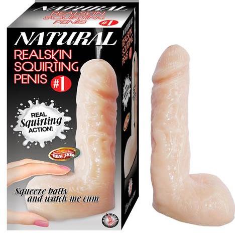 Image of a boxed product labeled "Natural Realskin Squirting Dildo - 6 Inch - Vanilla" by Nasstoys. The box displays a realistic squirting dildo with text emphasizing its action. Made from flexible TPR material, the dildo is showcased next to the box, highlighting its design that resembles a human penis for cum play fantasies.